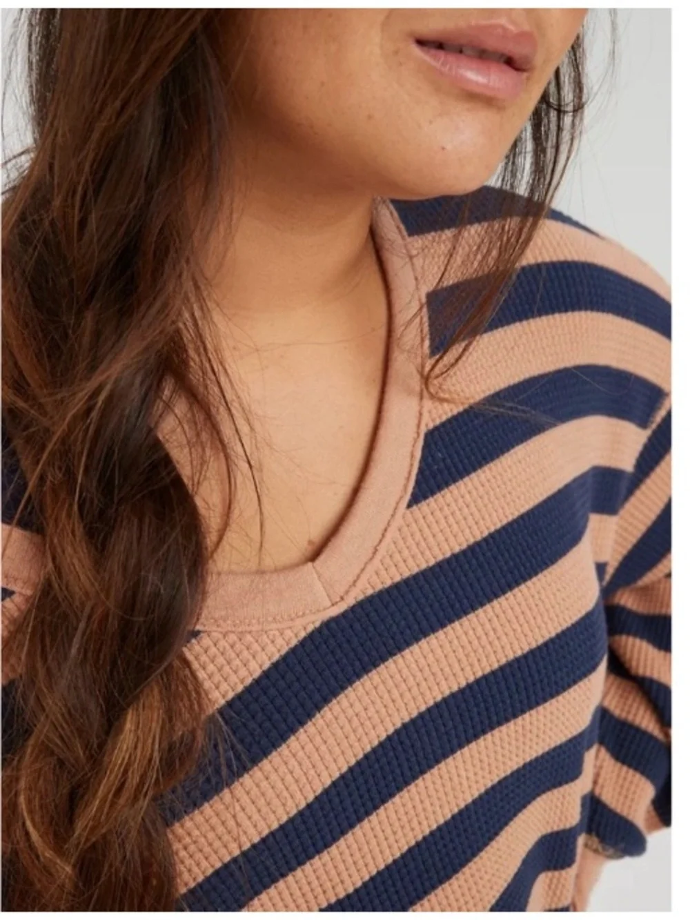 Aerie Wow! Striped Thermal Waffle Knit Oversized Long Sleeve Shirt Tan Small - Picture 3 of 10